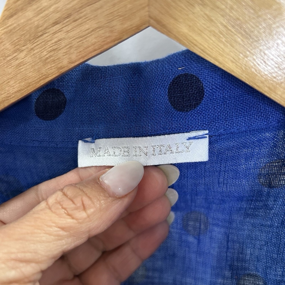 Made In Italy Top Women Medium‎ Blue Button Down Shirt Polka Dots Pocket Linen - Picture 7 of 9